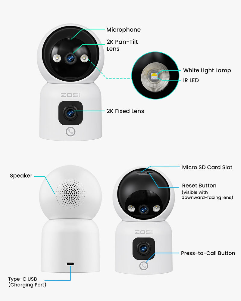 ZOSI indoor surveillance camera with dual lens 3MP+3MP, 2.4/5G WiFi, button/OK gesture call, AI person detection and tracking, color night vision, C528D white 3MP+3MP dual camera - BeesActive Australia