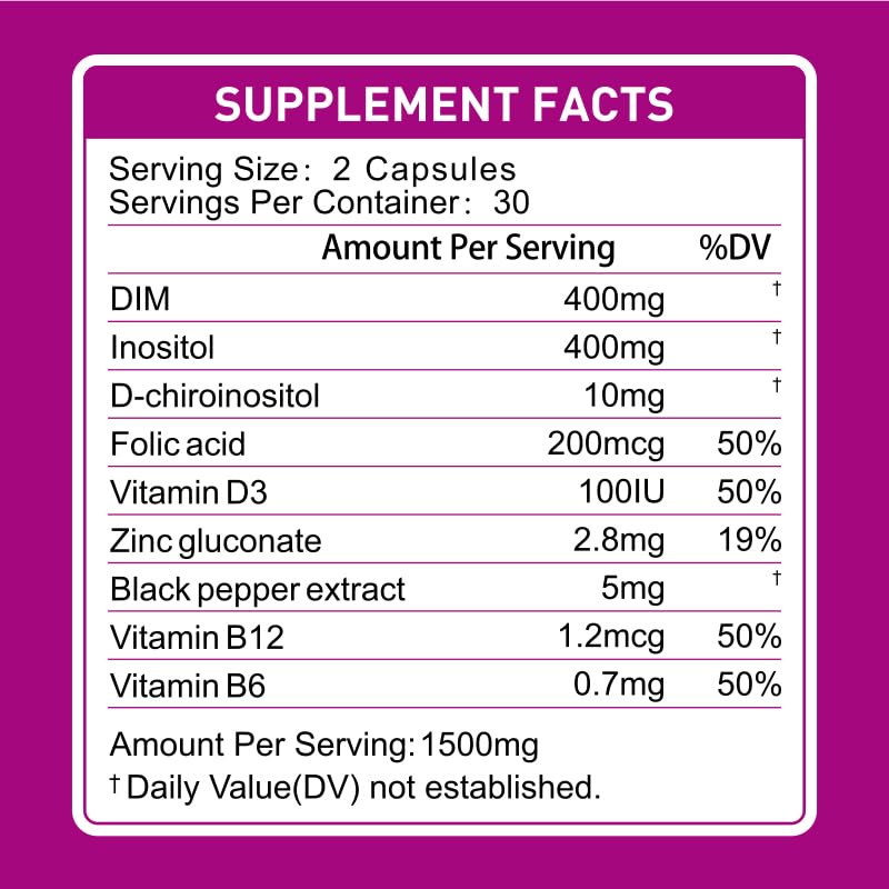 9-in-1 400mg DIM Supplement with 400mg Inositol, 10 mg D-chiroinositol, 200mg Folic Acid - Estrogen Balance for Women*, Hormone & Metabolism Support*, Ovarian Health Support*