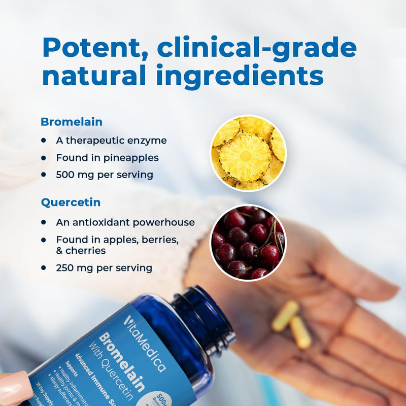 VitaMedica Bromelain & Quercetin Supplement - 500mg Bromelain 250mg Quercetin - 2400 GDU for Immunity, Joint Support, Inflammation and Muscle Recovery - 60 Vegan Capsules - 30 Servings (2 Pack) 60 Count (Pack of 2)