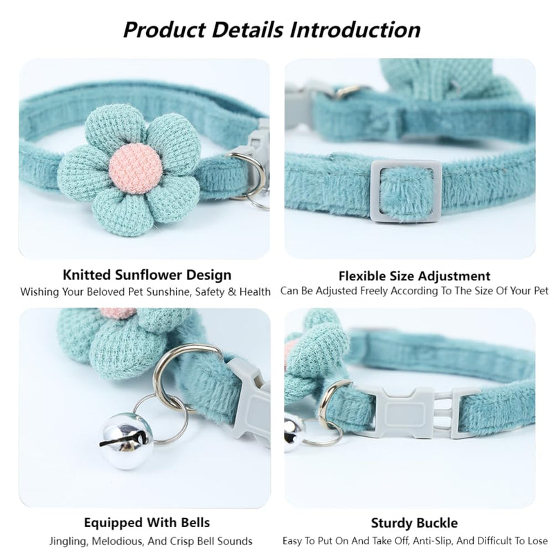 (2-Pack, Blue & Green) Pet Collars - Adorable Cartoon Knitted Flower, Adjustable Length (22-29cm), Cat Collars, Soft & Comfortable, Kitten Collar with Bell，Suitable for Cats and Small Dogs