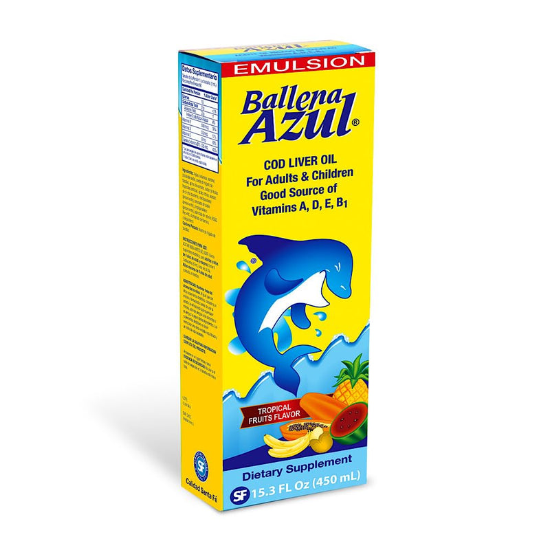 Ballena Azul Aceite de Hígado de Bacalao para Adultos y Niños, COD Liver Oil for Adults and Children, Good Source of Vitamins, Dietary Supplement, Omega 3 (Tropical Fruits 15 OZ)