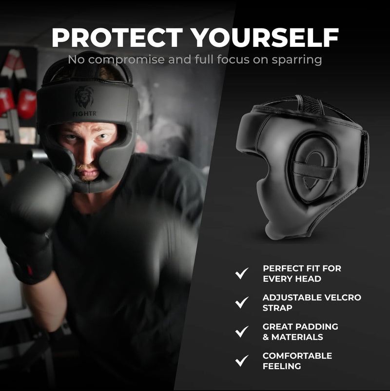 FIGHTR Boxing Headgear with Best fit | Boxing Helmet Guard for Sparring | Adjustable Size for MMA, Muay Thai, Kickboxing & Martial Arts S/M All Black