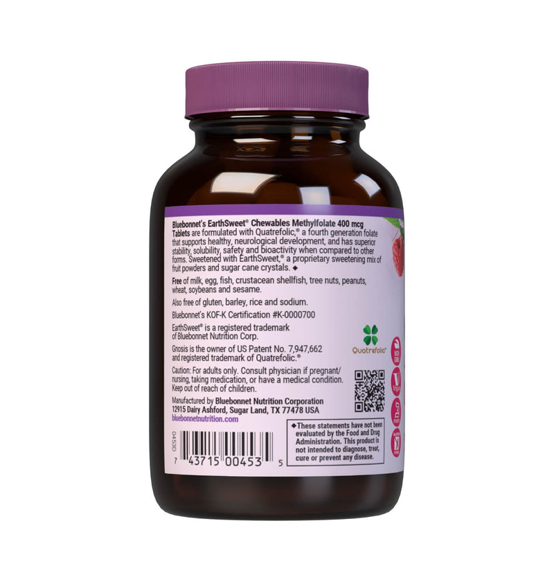 Bluebonnet EarthSweet Methylfolate 400 mcg Cellular Active Coenzyme 5-MTHF L Methyl Folate Supplement - Prenatal & Energy Support* - Non-GMO, Vegan, Gluten-Free - Raspberry - 90 Chewable Tablets | Prenatal & Postnatal Health; Non-GMO, Vegan, Gluten-Fre...