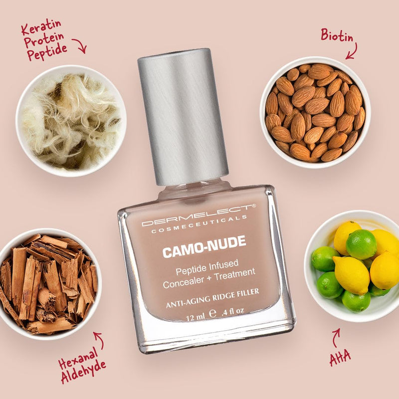 Dermelect Camo-Nude Concealer + Treatment - Nailcare Base Coat with Keratin Protein Peptides, Biotin, Strengthening, Smoothing & Concealing Treatment for Nail Ridges, Yellowing, Splitting Nails 0.4 oz - BeesActive Australia