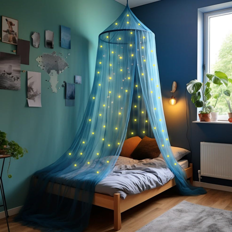 Blue Canopy for Girls Bed with Pre-Glued Glow in The Dark Stars - Princess Mosquito Net Room Decor - Kids & Baby Bedroom Tent with Galaxy Lights - 1 Opening Canopy Bed & Hanging Kit Included Stars Yellow - Blue Netting - BeesActive Australia