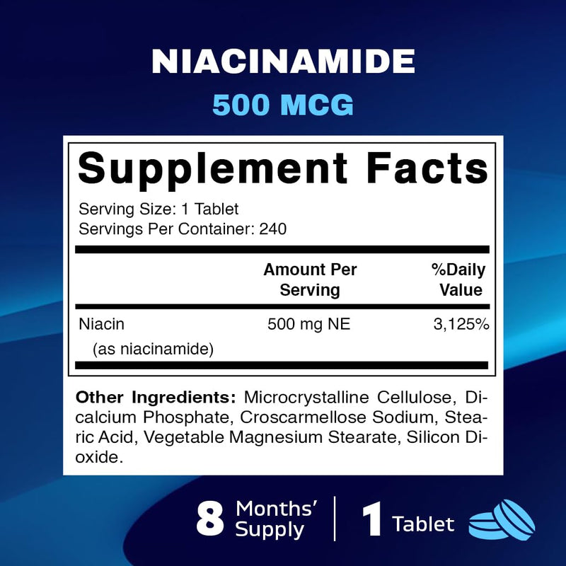 Vitamatic Niacinamide 500 mg 240 Tablets - Flush Free Vitamin B3 - Supports Energy Production (Pack of 2) 240 Count (Pack of 2)