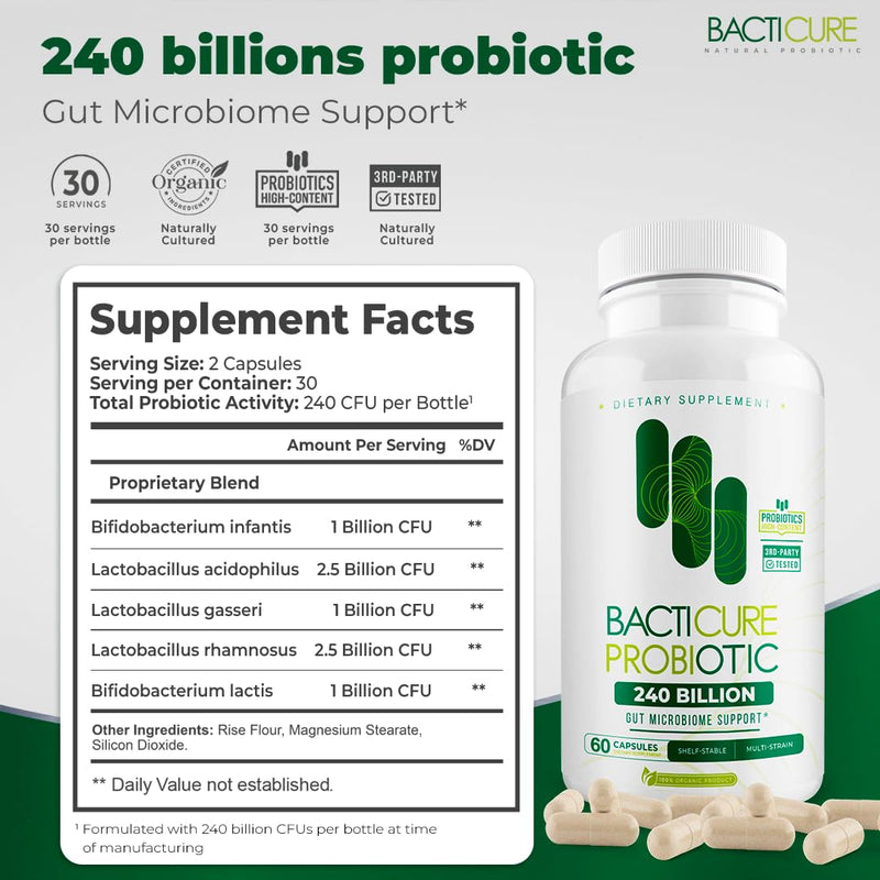 Bacticure Probiotic 60 Capsules | High CFU Probiotics for Women & Men | Digestive Support with Prebiotics & Digestive Enzymes | Daily Gut Microbiome Balance, Regularity & Immune Support 1