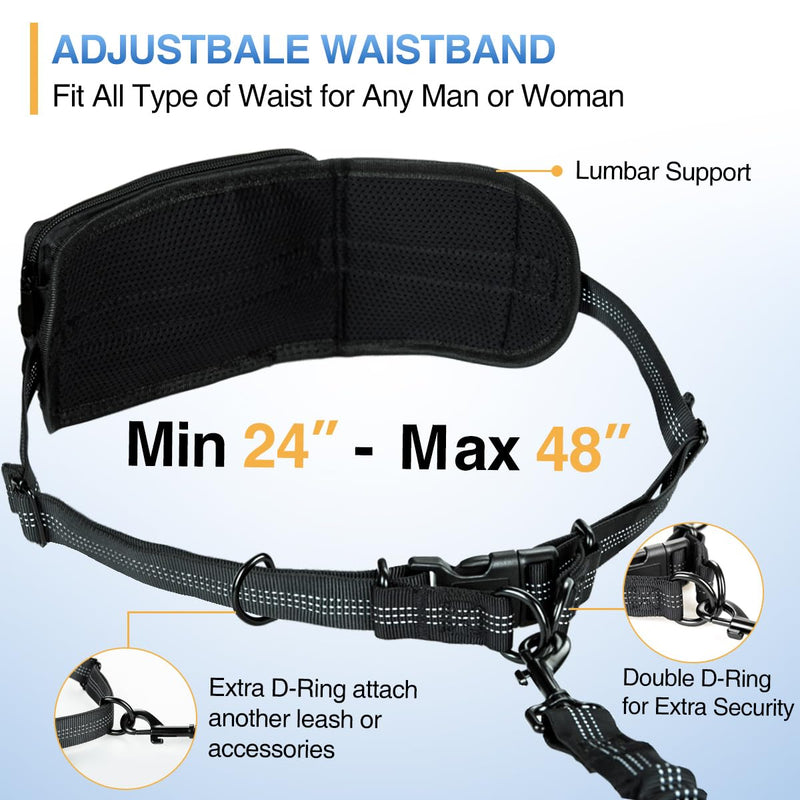 Kytely Hands Free Dog Leash with Zipper Pouch, Wide Padded Waist Dog Running Leash for Medium and Large Dogs, Dual Padded Handles, Retractable Bungee for Walking Jogging Training Hiking Black/Blue For 1 Dog