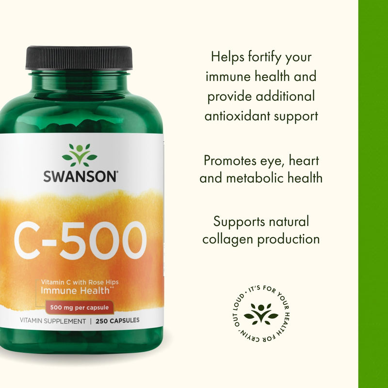 Swanson Vitamin C with Rose Hips, 500mg Each, 250 Capsules | Vitamin C and Rose Hips Formula Promoting Cardiovascular and Immune Support, Full Spectrum Plant-Based Formula