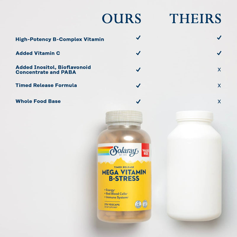 SOLARAY Mega Vitamin B-Stress - Timed Release Vitamin B Complex w/Vitamin B12, B6, Folic Acid, VIT. C - Stress, Energy, Red Blood Cell, Immune Support - Vegan, 60-Day Guarantee (276 CT) | Daily vitamin supplement in an easy-to-use format