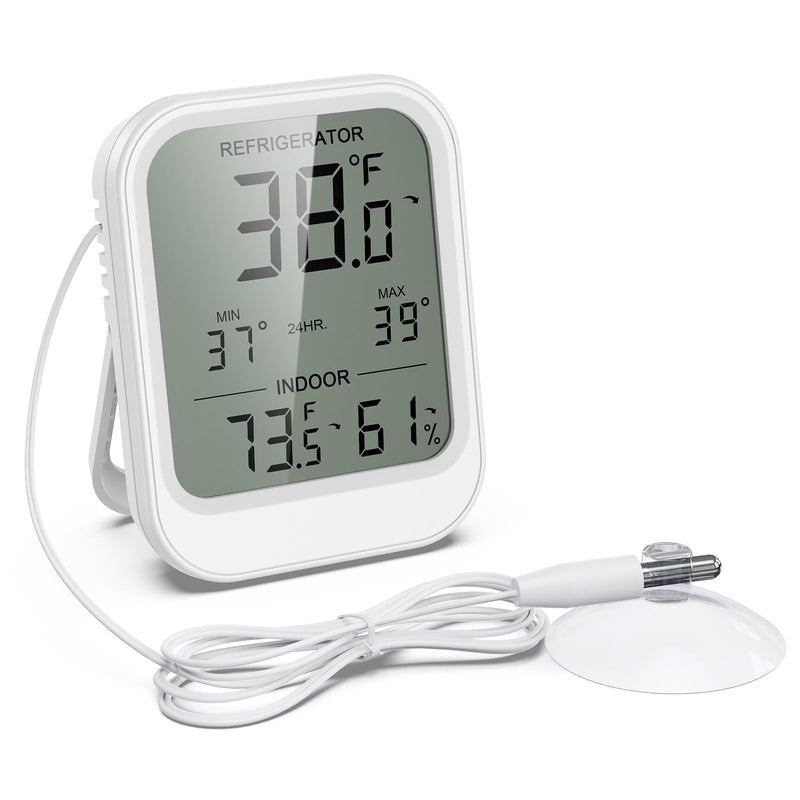 KeeKit Refrigerator Thermometer, Digital Freezer Thermometer with Waterproof Probe & Suction Cup, Temperature Monitor with Alarm, LCD Display, Min/Max Recording, for Fridge, Aquarium, Food Storage