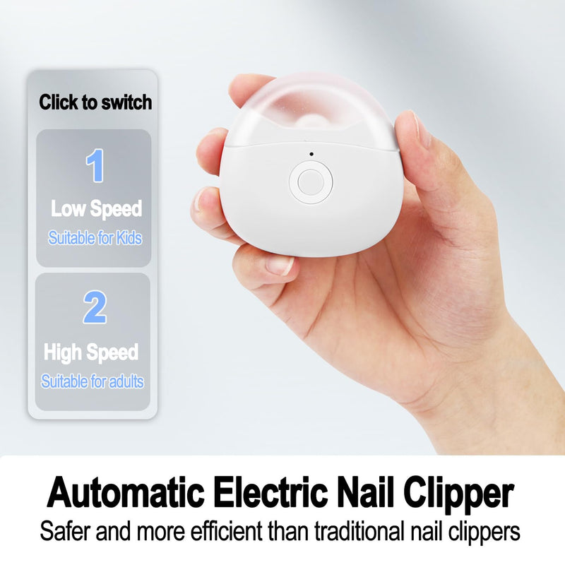 Automatic Electric Nail Clipper with LED Light & 2 Speeds with Nail Scraps Storage, USB Rechargeable Safety Fingernail Trimmer for Baby, Children, Kids, Adult, Seniors and Caregivers, White
