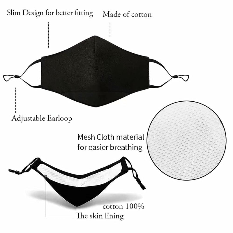 NBDIB Adult Adjustable Face Protection with Filter Pocket and Nose Wire Black Breathable Cloth Mask with 10Pcs Filters 3+10pcs
