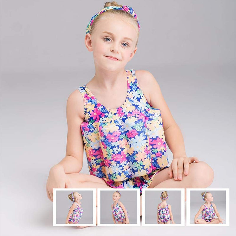 Girl Boy One Piece Floatation Swimsuit Swimwear with Adjustable Buoyancy Kid Float Bathing Suit Life Jacket Swim Vest Colorful Floral 4-5 Years