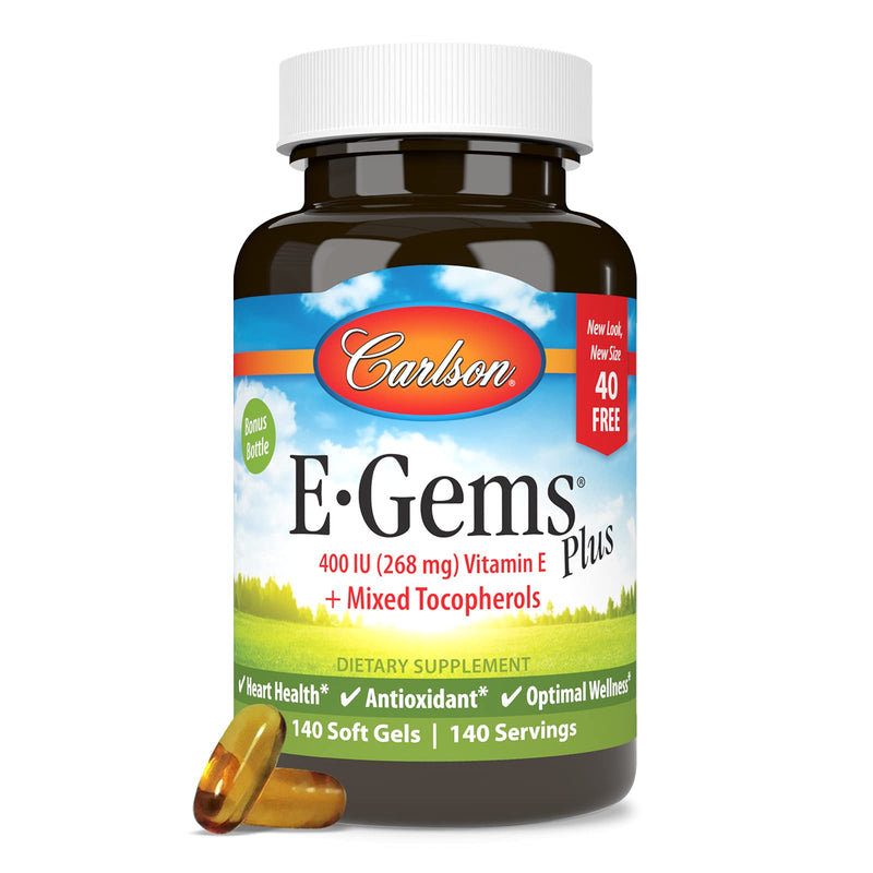 Carlson E-Gems Plus, 400 IU (268 mg), Optimal Wellness, 140 Soft Gels | Natural-Source Vitamin E