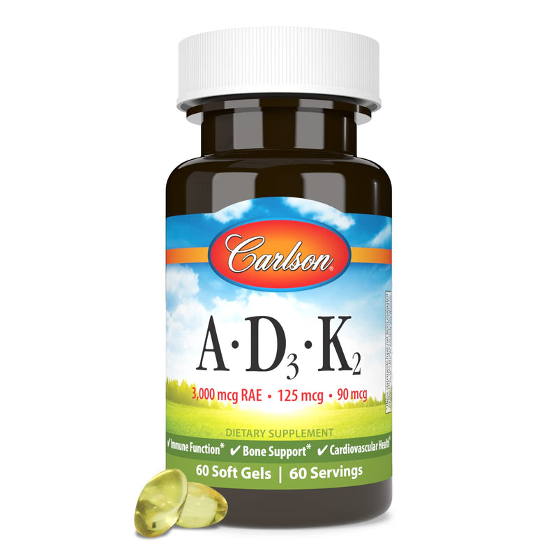Carlson Vitamins A, D3, K2, 60 Soft Gels | 3000 mcg RAE Vitamin A; 125 mcg Vitamin D3; 90 mcg Vitamin K2 as MK-7; Bone Building; Calcium Utilization 60 Count (Pack of 1)