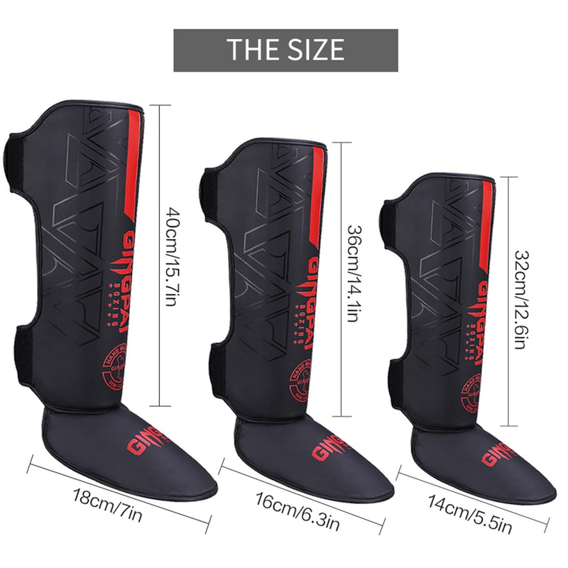 MMA Martial Arts Shin Guards, Padded, Adjustable Muay Thai Leg Guards with Instep Protection for Kickboxing,Training, Sparring, TaekwondoTraining Gear, Leg Instep Protection Pads Black red Small
