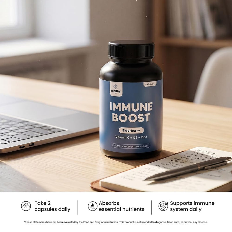Immune Support Capsules for Adults with Elderberry, Vitamin C, Vitamin D3 & Zinc – Daily Immune Defense Supplement | Zealthy Life | 60 Capsules