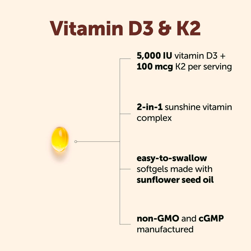 Micro Ingredients Vitamin D3 5,000 IU + K2 MK-7 100 mcg Per Serving, 90 Softgels | 2-in-1 D3 K2 Supplement | Easy-to-Swallow, Non-GMO, Gluten Free 90 Count (Pack of 1)