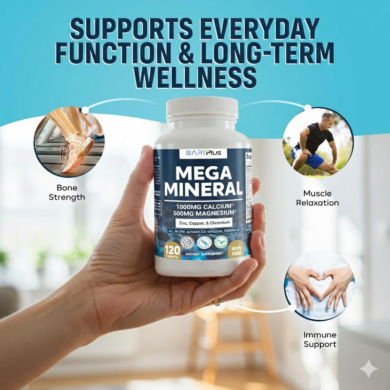 Mega Mineral – Complete Complex with Vitamin D, Calcium, Magnesium, Zinc, Potassium, Boron, Selenium, Chromium & Trace Minerals – Iron-Free – USA Made -Halal (120 Tablets) 120 Count (Pack of 1)