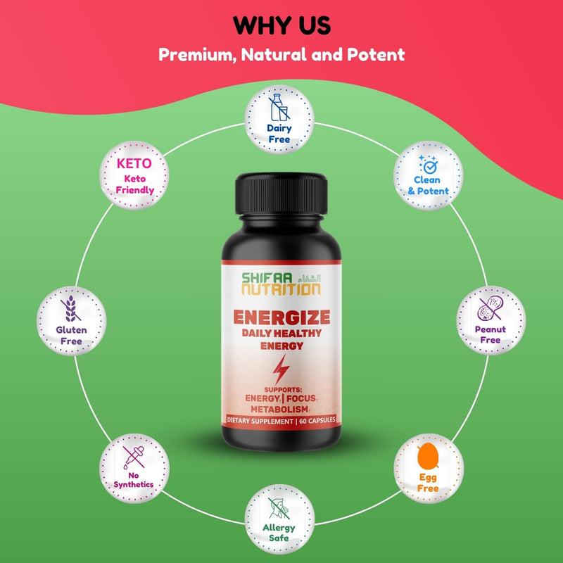 SHIFAA NUTRITION Energize, Natural Daily Energy Vitamins | Jitter-Free, 60 Servings | Supports Focus, Mood, Brain, Metabolism | w/Caffeine & Taurine, B1, B2, B5, B6, B7, B9, B12 Halal Vitamins