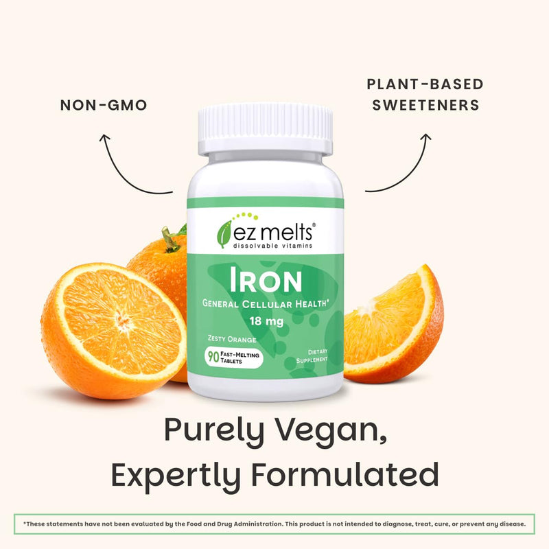 EZ Melts Iron - Supplement for Daily Energy & Iron Support - with Vitamin C - No Artificial Flavors - Non-GMO & Vegan - Zesty Orange - 180 Dissolvable Tablets (180 Servings) 90 Count (Pack of 2)