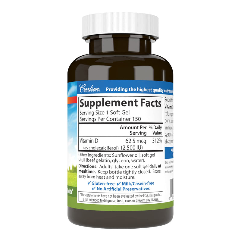 Carlson Vitamin D3, 2500 IU (62.5 mcg), Immune Support, 150 Softgels | Bone Health; Muscle Health; Cholecalciferol; Vitamin D Supplements; Vitamin D3 Soft Gels 150 Count (Pack of 1)