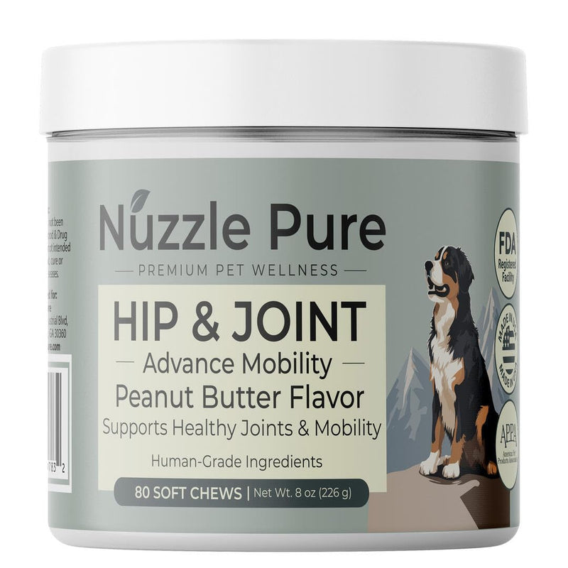 Nuzzle Pure Advanced Dog Hip and Joint Supplement with Glucosamine, Chondroitin, MSM, 80 Peanut Butter Flavor Soft Chews for Senior & All Ages, Human Grade, All Natural & Organic Ingredients.