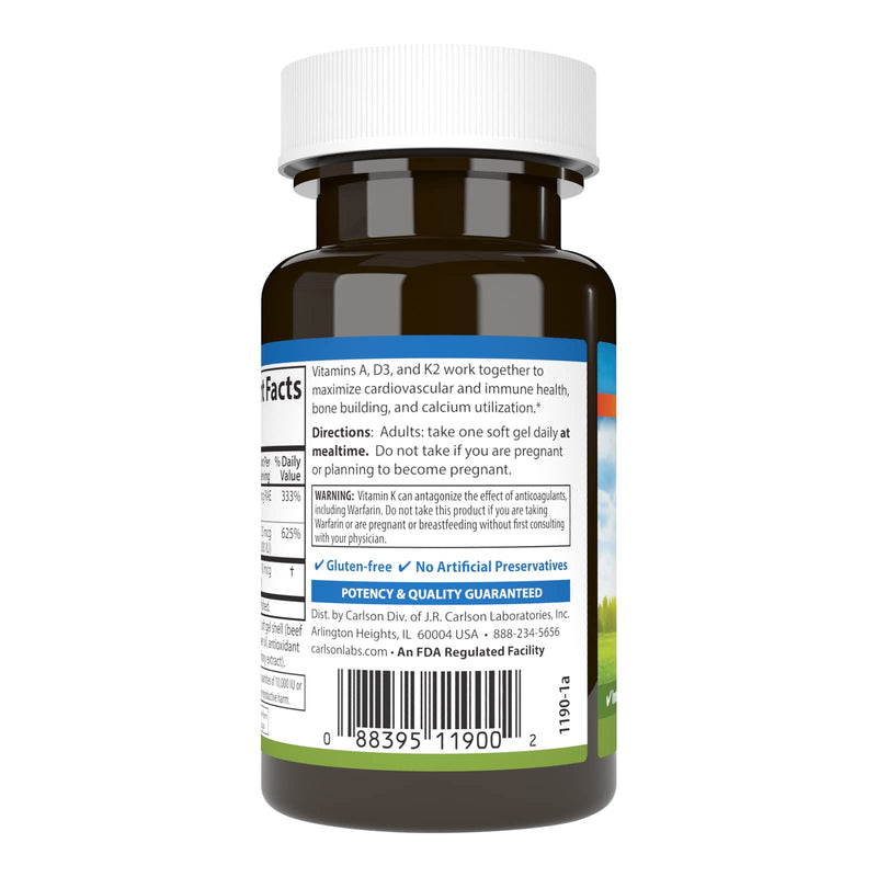 Carlson Vitamins A, D3, K2, 60 Soft Gels | 3000 mcg RAE Vitamin A; 125 mcg Vitamin D3; 90 mcg Vitamin K2 as MK-7; Bone Building; Calcium Utilization 60 Count (Pack of 1)