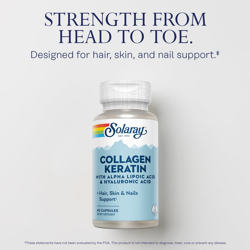 SOLARAY Collagen Keratin with Alpha Lipoic Acid & Hyaluronic Acid, 60 Caps | Hair, Skin, Nail & Joint Support, Types I, II & III Collagen with Keratin, 30 Servings, Lab Verified