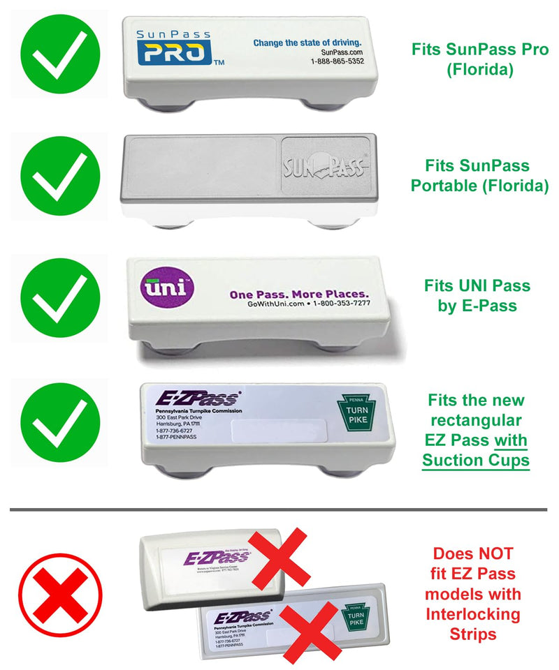 All-Black Silicone Skin for SunPass Pro and SunPass Portable (Florida), UNI Pass by E-Pass, and Rectangular EZ Pass with Suction Cups. Includes Black Suction Cups.