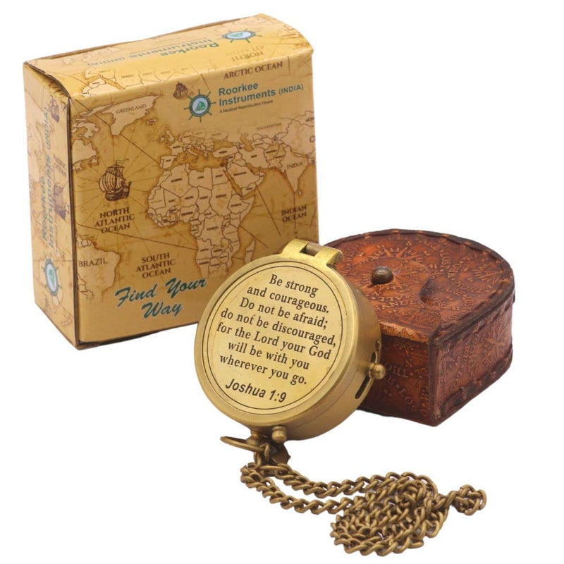 Compass – Brass Directional Vintage Compass Engraved with “Be Strong and Courageous” Joshua 1:9 Bible Verse, Baptism 2026 Communion Christian Inspirational Gifts for Women/Men Be Strong- Leather Case