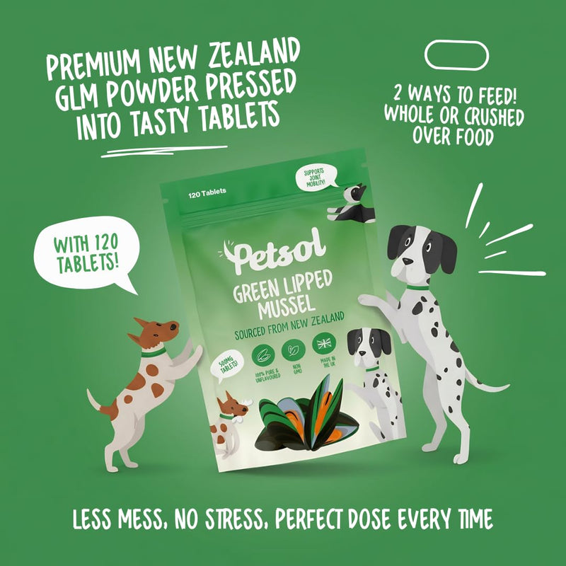 Green Lipped Mussel for Dogs, 120 Tablets. With Natural Joint Supplements for Dogs Glucosamine, Chondroitin and Omega 3 for Hip & Joint Care, Mobility & Vitality in Adult and Senior Dogs