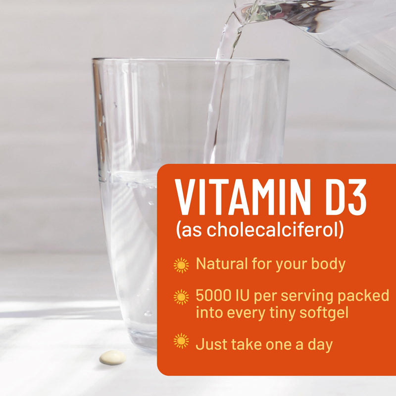 Vitamin D-3 5000 IU (125 mcg) Per Serving Softgels - Extra Strength Vitamins D Dietary Supplement for Bone, Teeth, Muscle Health & Immune Support, Rapid Absorbtion USA Bottled, Gluten Free - 60 Count 60 Count (Pack of 1)