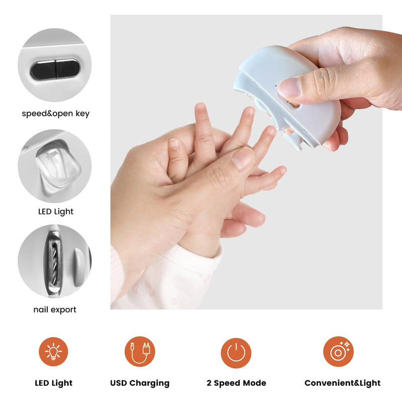 2 in 1 Electric Nail Clipper Automatic with Light,Baby Nail Clippers Nail Polisher 2 Speeds USB Rechargeable Nail Trimmer Electric for Babies Kids Adults