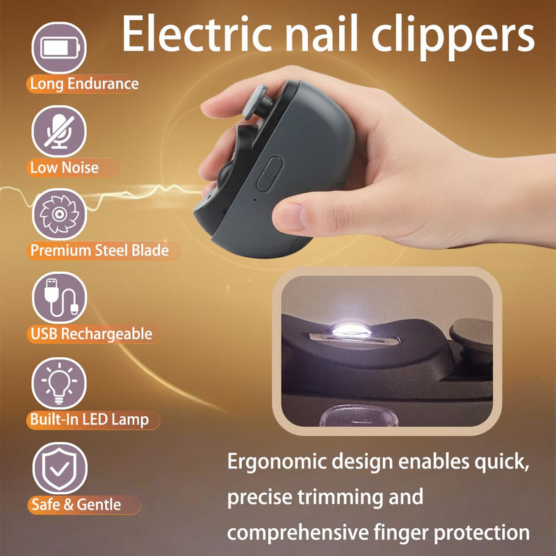 Electric Nail Clipper - 3 in 1 Upgraded Smart Trimming & Polishing Nail Clipper with 2 Adjustable Speeds, LED Light & Chip Collecting Box, Suitable for Adults, Elderly（Gray） Gray