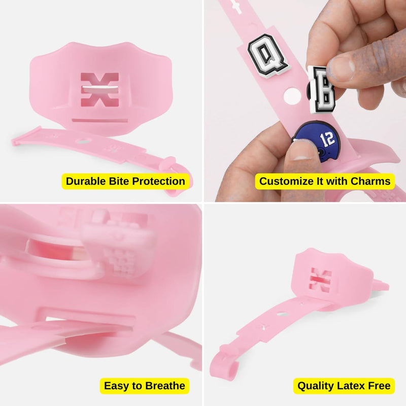 SLEEFS Soft Football Mouth Guard 2.0 - Youth Mouthguard with Strap (Removable) - Lip/Teeth Protector Mouthpiece - No Boil - for Youth/Adults, Maximum Air Flow for Flag Football, Lacrosse - Soft Pink - BeesActive Australia