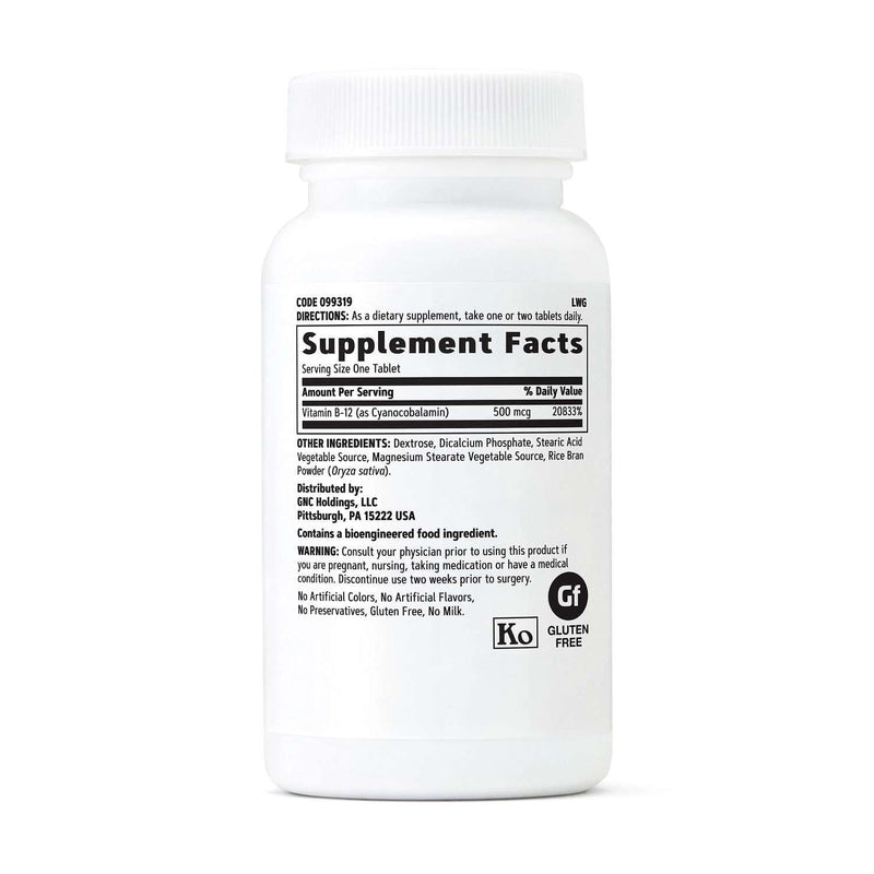 GNC Vitamin B-12 500mcg, Supports Energy Production, 100 Tablets | Supports Carbohydrate Metabolism and Energy Production, Aids Red Blood Cell Formation, Kosher, Gluten-Free, and Sodium Free