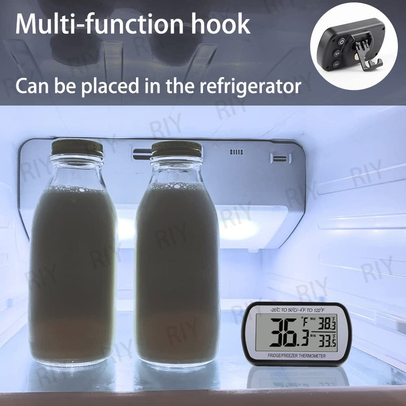 2 Pack Refrigerator Fridge Thermometer Digital Freezer Room Thermometer Waterproof Large LCD Display Max/Min Record Function-Black Black