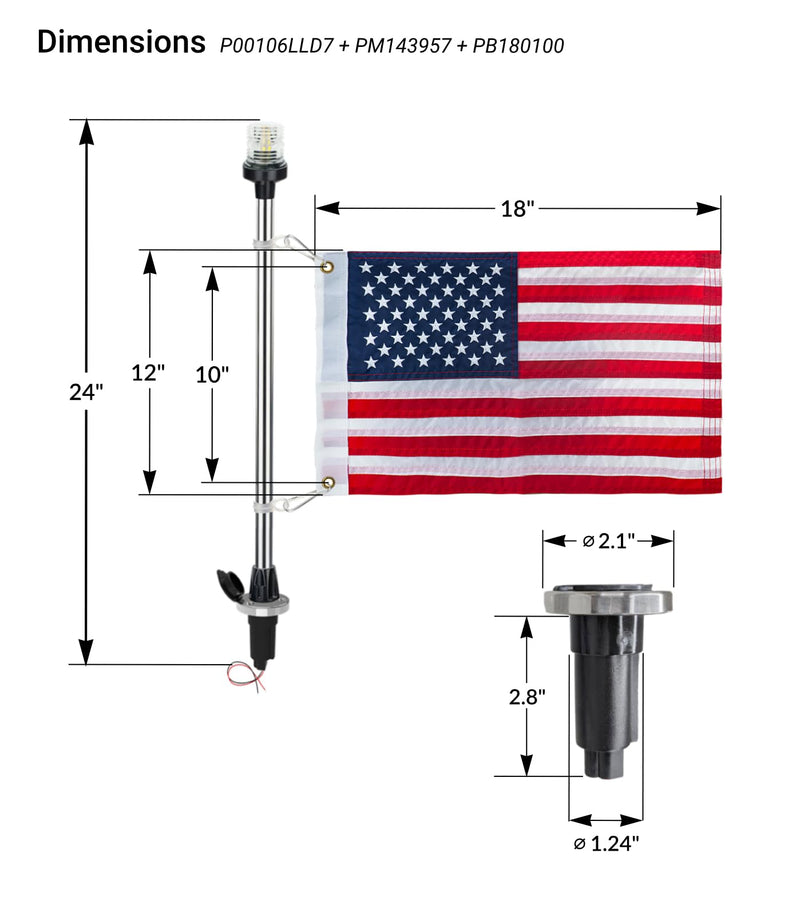 Pactrade Marine Navigation Lights for Boats LED - 24-Inch White LED Stern Light/LED Anchor Light with Removable Flat-Top Base and American Flag 12x18 Inches (250 LM, 3 NM) | Boat Navigation Lights Model A (250 LM) - BeesActive Australia