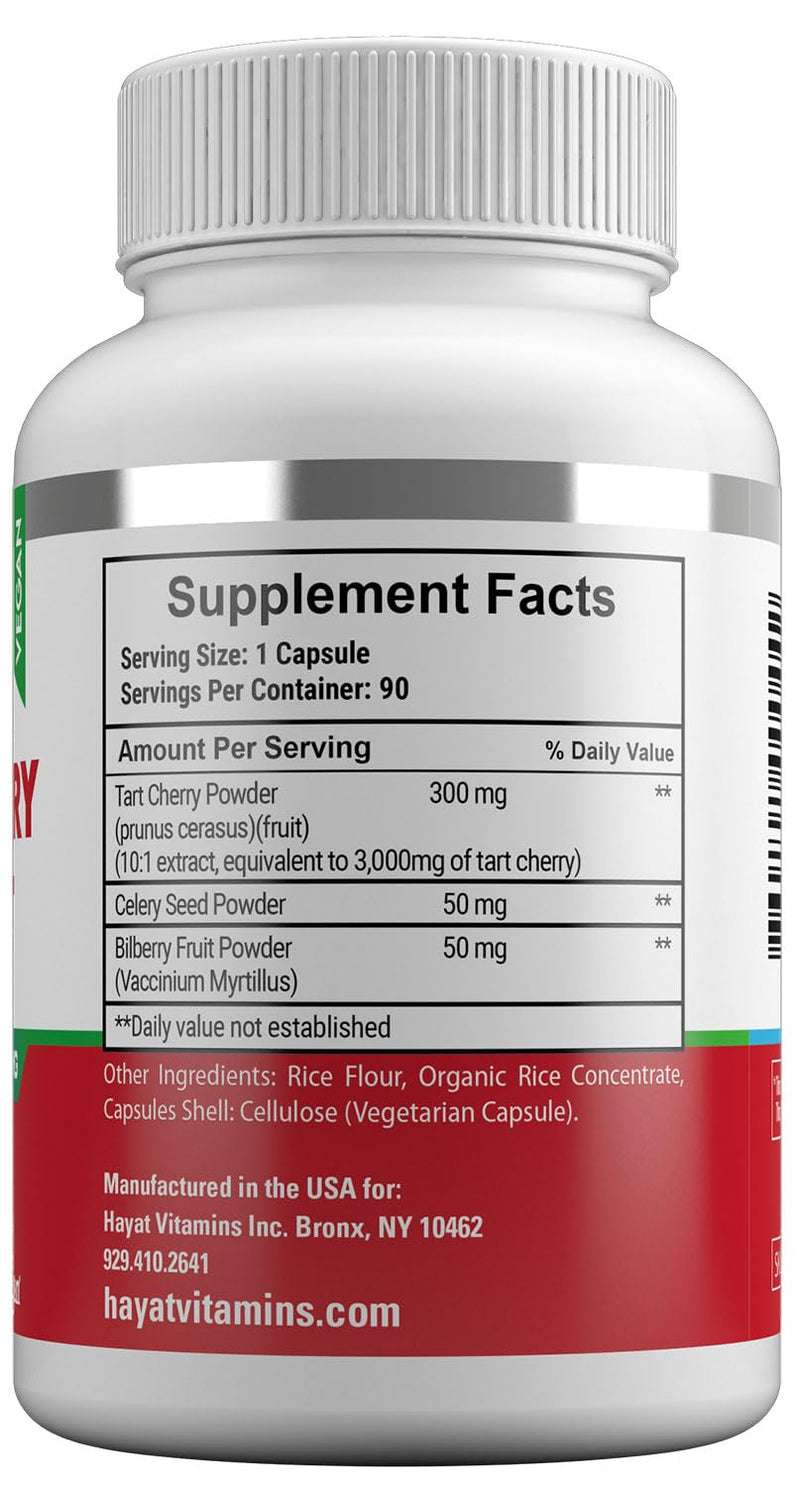 HAYAT Vitamins Vegan Natural Tart Cherry Extract 3000 MG, 3 Month Supply, Potent 10:1 Extract, All Natural, Certified Halal, 90 Capsules,