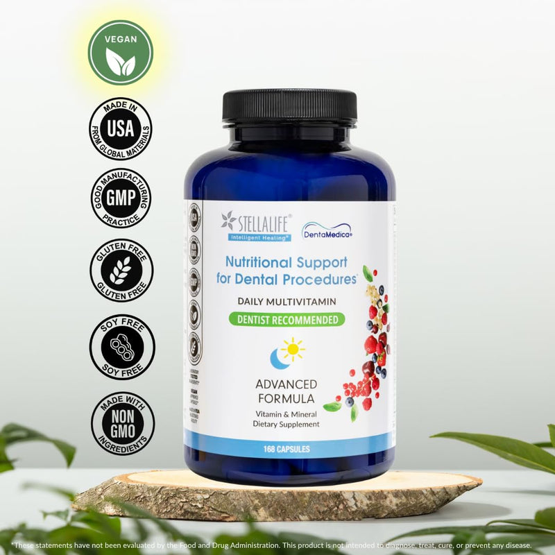 StellaLife DentaMedica Vegan Daily Multivitamin Nutritional Support for Faster Dental Surgery Recovery, VIT D3 K2 C B Zinc CoQ10 Magnesium, Healthy Bones & Gums, Non-GMO, GMP USA, 168 Capsules