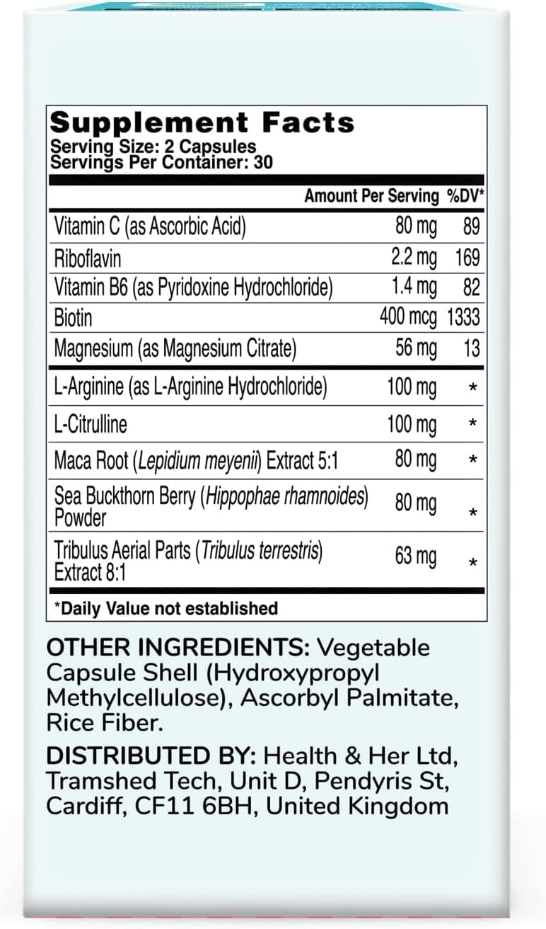 Health & Her Intimacy+ Desire Supplement for Women, Vegan, 30 Day Supply | Daily supplement with Maca Root, Tribulus Terrestris, Sea Buckthorn, L-Arginine & B vitamins; Gluten-free; 60 Tablets