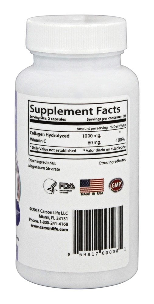 Carson Life Collagen with Vitamin C - Hair, Skin & Nail Support - Anti-Aging Dietary Supplement - Hydrolyzed Collagen - Made in the USA - 60 Capsules 60 Count (Pack of 1)