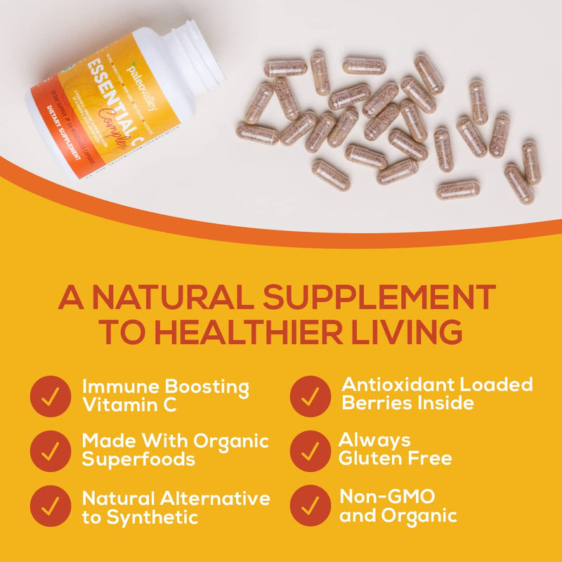 Paleovalley Essential C Complex - Vitamin C Supplement for Immune Support - 1 Pack, 450mg - Organic Superfoods Unripe Acerola Cherry, Camu Camu, Amla Berry - No Synthetic Ascorbic Acid - USA Made 56 Count (Pack of 1) - BeesActive Australia