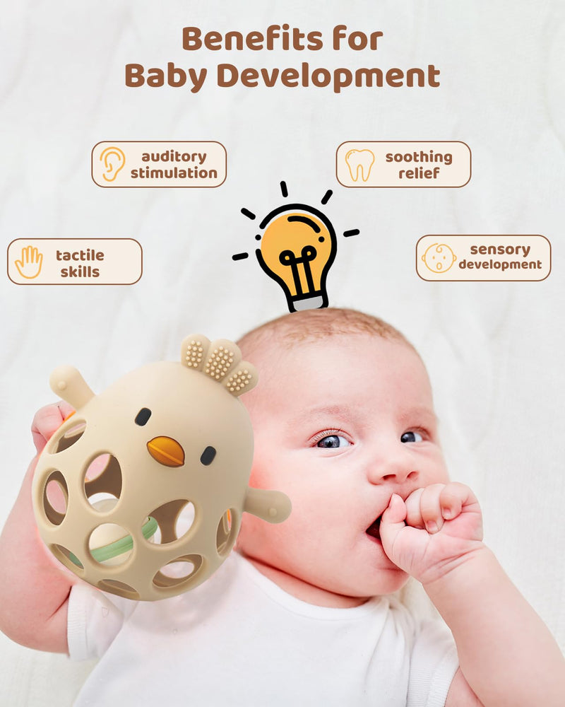 2-in-1 Baby Teething Rattle Toy, Sensory Grasping Teether for Infants 3-12 Months, 100% Food-Grade Silicone, Easy to Hold, Soothing & Developmental, BPA Free Beige w/Rattle