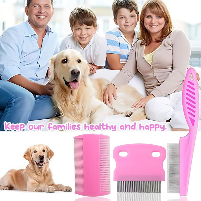Pack of 3 lice comb, flea comb, lice comb, metal teeth lice comb, plastic double-sided nit comb, multifunctional for dogs, cats (pink) - BeesActive Australia
