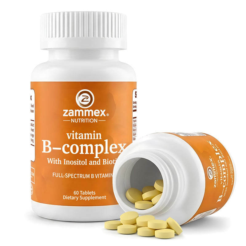 Zammex Vitamin B Complex with Inositol and Biotin – Full Spectrum B Vitamins B1 B2 B3 B6 B12 Non-GMO · Vegan-Friendly – 60 Tablets