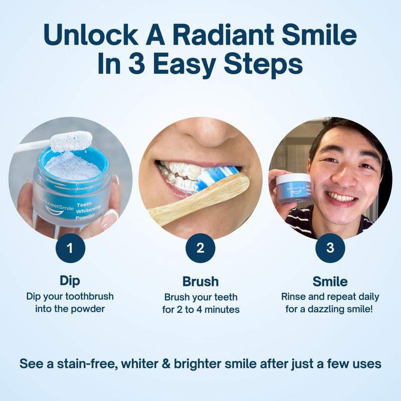 MySweetSmile Teeth Whitening Powder - Dentist-Approved & Enamel-Safe | 6 Month Supply | Tea, Coffee, Wine & Smoking Stain Remover | Non-Sensitive Formula | Peroxide Free | Cool Mint Flavour - BeesActive Australia