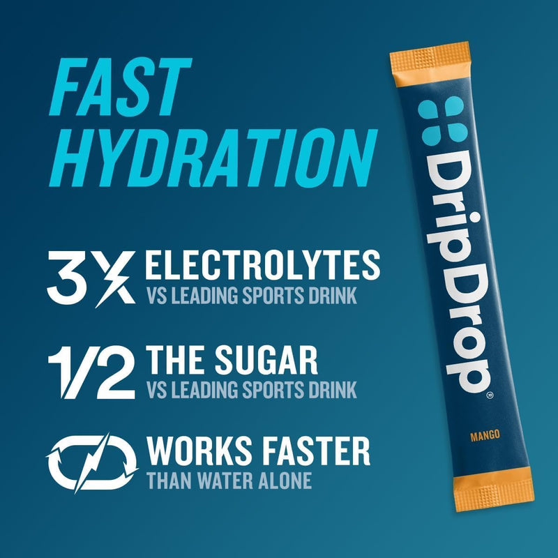 DripDrop Hydration Tropical Variety Pack, Electrolyte Packets, 16 Count | Mango, Açaí, Passion Fruit & Piña Colada; 3X Electrolytes, Vitamin C, Magnesium, Zinc; Single Serve Powder Drink Mix